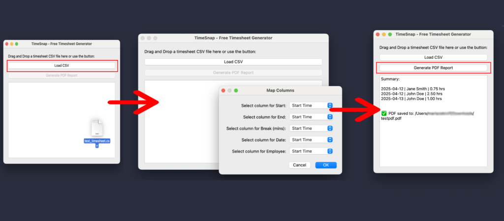 Free Timesheet Generator for Employees & Freelancers: Open the app. Drag and drop your CSV. Map your columns (once). Click “Generate PDF”
